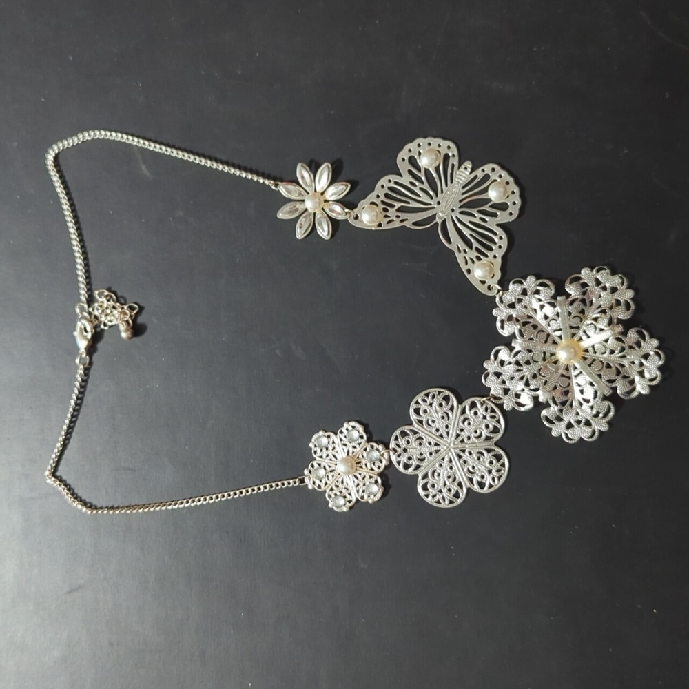 Silver Tone White Faux Pearl Butterfly Floral Flower Statement Necklace